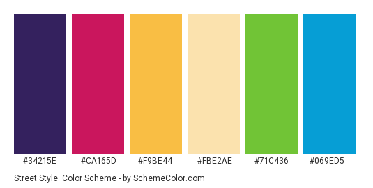Street Style - Color scheme palette thumbnail - #34215e #ca165d #f9be44 #fbe2ae #71c436 #069ed5 