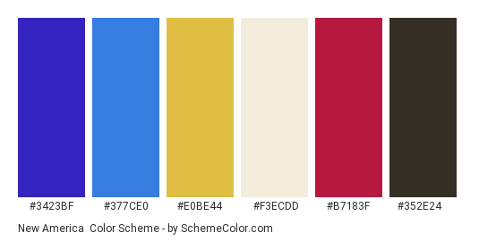 New America - Color scheme palette thumbnail - #3423bf #377ce0 #e0be44 #f3ecdd #b7183f #352e24 