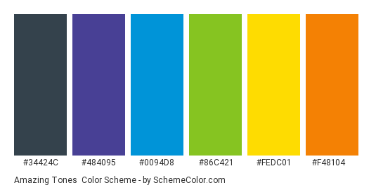 Amazing Tones - Color scheme palette thumbnail - #34424C #484095 #0094D8 #86C421 #FEDC01 #F48104 