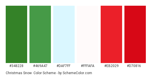 Christmas Snow - Color scheme palette thumbnail - #348228 #469a47 #daf7ff #fffafa #eb2029 #d70816 