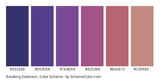 Breaking Darkness - Color scheme palette thumbnail - #35326b #553e8a #7a4b94 #a25388 #b66673 #c38980 