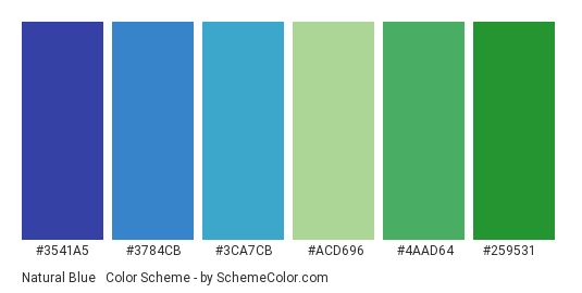 Natural Blue & Green - Color scheme palette thumbnail - #3541a5 #3784cb #3ca7cb #acd696 #4aad64 #259531 