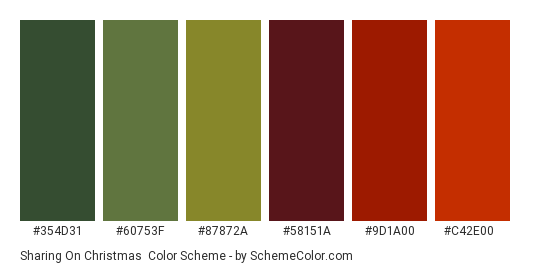 Sharing on Christmas - Color scheme palette thumbnail - #354D31 #60753F #87872A #58151A #9D1A00 #C42E00 
