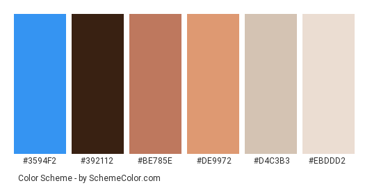 Desolate World - Color scheme palette thumbnail - #3594f2 #392112 #be785e #de9972 #d4c3b3 #ebddd2 