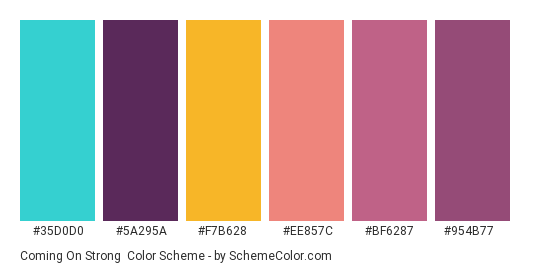 Coming on Strong - Color scheme palette thumbnail - #35D0D0 #5A295A #F7B628 #EE857C #BF6287 #954B77 
