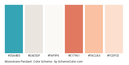 Moonstone Pendant - Color scheme palette thumbnail - #35a4b5 #eae5df #faf9f6 #e17961 #fac2a3 #fcdfce 