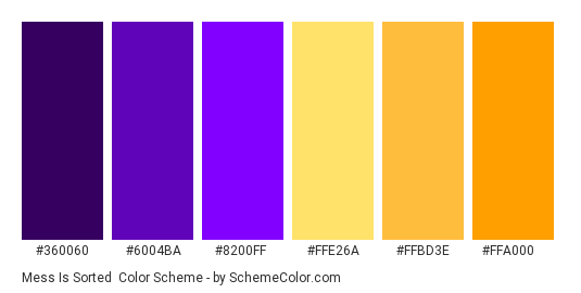 Mess Is Sorted - Color scheme palette thumbnail - #360060 #6004ba #8200ff #ffe26a #ffbd3e #ffa000 