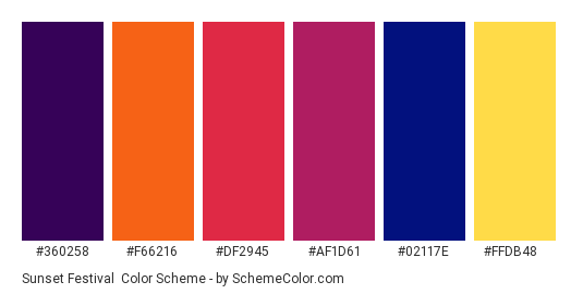 Sunset Festival - Color scheme palette thumbnail - #360258 #F66216 #DF2945 #AF1D61 #02117E #FFDB48 