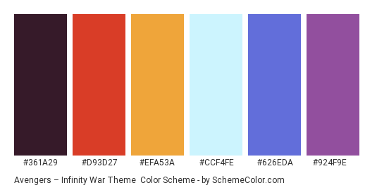 Avengers – Infinity War Theme - Color scheme palette thumbnail - #361A29 #D93D27 #EFA53A #CCF4FE #626EDA #924F9E 