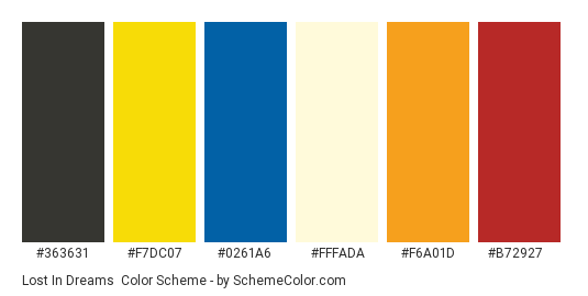 Lost in Dreams - Color scheme palette thumbnail - #363631 #F7DC07 #0261A6 #FFFADA #F6A01D #B72927 
