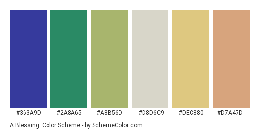 A Blessing - Color scheme palette thumbnail - #363A9D #2A8A65 #A8B56D #D8D6C9 #DEC880 #D7A47D 