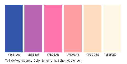 Tell Me Your Secrets - Color scheme palette thumbnail - #3654aa #b866af #fb75ab #fd9ea3 #fbdcbe #fef9e7 