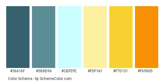 Fire and Ice - Color scheme palette thumbnail - #36616f #5b8d96 #cbfefe #fdf1a1 #f7d131 #f69005 