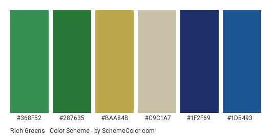 Rich Greens & Blues - Color scheme palette thumbnail - #368f52 #287635 #baa84b #c9c1a7 #1f2f69 #1d5493 
