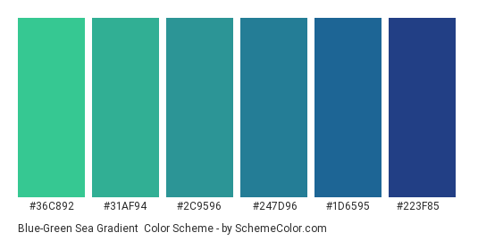 Blue-Green Sea Gradient - Color scheme palette thumbnail - #36c892 #31af94 #2c9596 #247d96 #1d6595 #223f85 