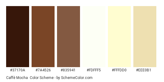 Caffè Mocha - Color scheme palette thumbnail - #37170A #7A4526 #835941 #FDFFF5 #FFFDD0 #EEE0B1 