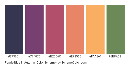 Purple-Blue in Autumn - Color scheme palette thumbnail - #373651 #774070 #B2506C #E78566 #FAAE61 #6B8A58 