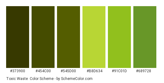 Toxic Waste - Color scheme palette thumbnail - #373900 #454c00 #545d00 #b8d634 #91c01d #689728 