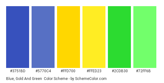 Blue, Gold and Green - Color scheme palette thumbnail - #3751bd #5770c4 #ffd700 #ffed23 #2cdb30 #72ff6b 