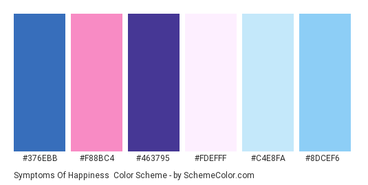 Symptoms of Happiness - Color scheme palette thumbnail - #376ebb #f88bc4 #463795 #fdefff #c4e8fa #8dcef6 