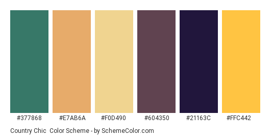 Country Chic - Color scheme palette thumbnail - #377868 #E7AB6A #F0D490 #604350 #21163C #FFC442 