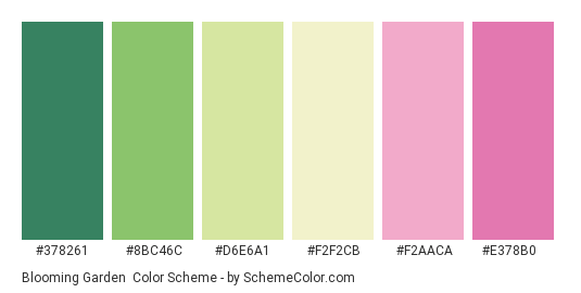 Blooming Garden - Color scheme palette thumbnail - #378261 #8BC46C #D6E6A1 #F2F2CB #F2AACA #E378B0 