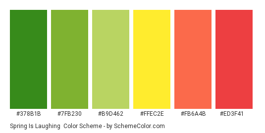 Spring is Laughing - Color scheme palette thumbnail - #378b1b #7fb230 #b9d462 #ffec2e #fb6a4b #ed3f41 