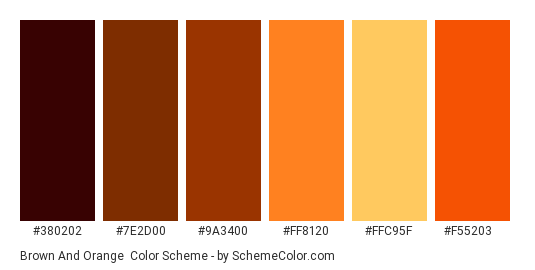 Brown and Orange - Color scheme palette thumbnail - #380202 #7E2D00 #9A3400 #FF8120 #FFC95F #F55203 