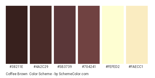 Coffee Brown - Color scheme palette thumbnail - #38211e #4a2c29 #5b3739 #704241 #fefed2 #faecc1 