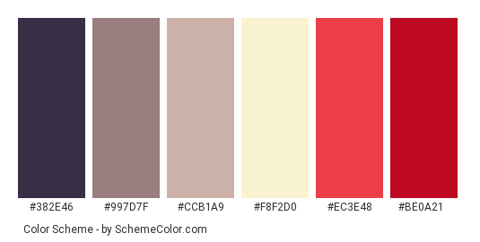 Snow Tram - Color scheme palette thumbnail - #382e46 #997d7f #ccb1a9 #f8f2d0 #ec3e48 #be0a21 