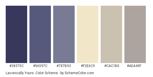 Laconically Yours - Color scheme palette thumbnail - #38375c #56597c #787b93 #f2e6c9 #cac1b0 #aea49f 
