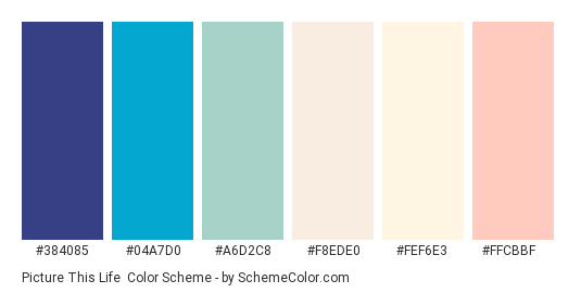 Picture this Life - Color scheme palette thumbnail - #384085 #04a7d0 #a6d2c8 #f8ede0 #fef6e3 #ffcbbf 