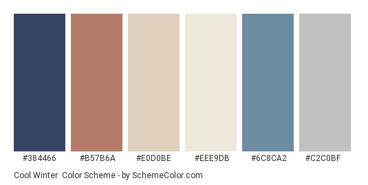 Cool Winter - Color scheme palette thumbnail - #384466 #B57B6A #E0D0BE #EEE9DB #6C8CA2 #C2C0BF 