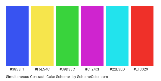 Simultaneous Contrast - Color scheme palette thumbnail - #3853f1 #f6e54c #39d33c #cf24cf #22e3ed #ef3029 
