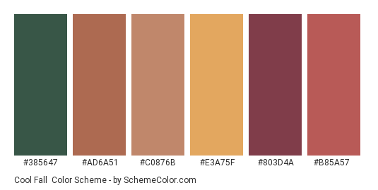 Cool Fall - Color scheme palette thumbnail - #385647 #ad6a51 #c0876b #e3a75f #803d4a #b85a57 