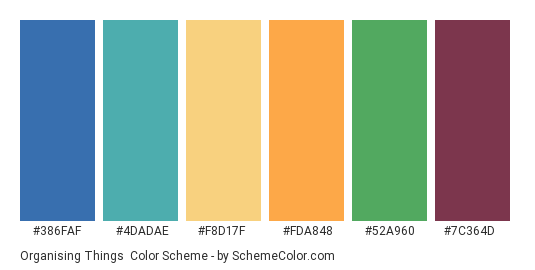 Organising Things - Color scheme palette thumbnail - #386faf #4dadae #f8d17f #fda848 #52a960 #7c364d 