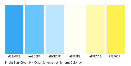 Bright Sun, Clear Sky - Color scheme palette thumbnail - #38a8f2 #68c5ff #bce6ff #fffef2 #fffaab #fef051 