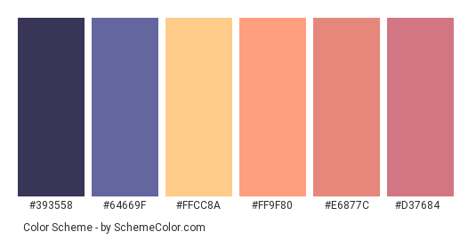 Peach Sky over Ice Mountain - Color scheme palette thumbnail - #393558 #64669F #FFCC8A #FF9F80 #E6877C #D37684 
