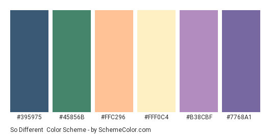 So Different - Color scheme palette thumbnail - #395975 #45856B #FFC296 #FFF0C4 #B38CBF #7768A1 
