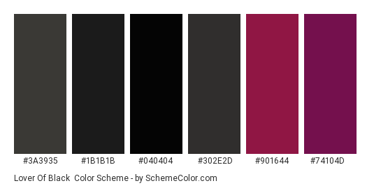 Lover of Black - Color scheme palette thumbnail - #3A3935 #1B1B1B #040404 #302E2D #901644 #74104D 