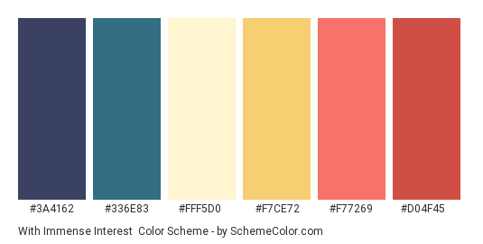 With Immense Interest - Color scheme palette thumbnail - #3A4162 #336E83 #FFF5D0 #F7CE72 #F77269 #D04F45 