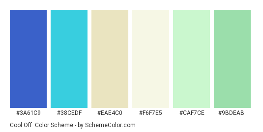 Cool off - Color scheme palette thumbnail - #3A61C9 #38CEDF #EAE4C0 #F6F7E5 #CAF7CE #9BDEAB 