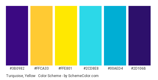 Turquoise, Yellow & Indigo - Color scheme palette thumbnail - #3B0982 #FFCA33 #FFE801 #2CD8E8 #00AED4 #2D106B 