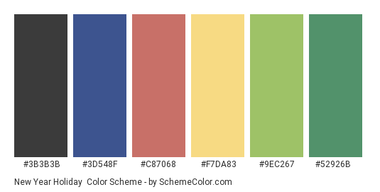 New Year Holiday - Color scheme palette thumbnail - #3B3B3B #3D548F #C87068 #F7DA83 #9EC267 #52926B 