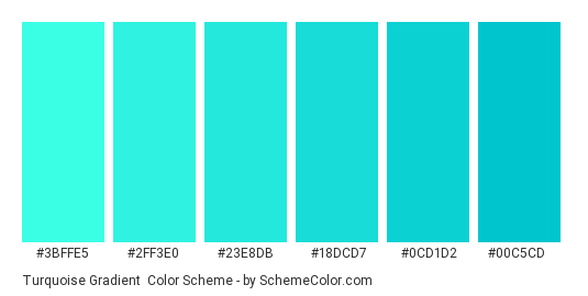 Turquoise Gradient - Color scheme palette thumbnail - #3BFFE5 #2FF3E0 #23E8DB #18DCD7 #0CD1D2 #00C5CD 