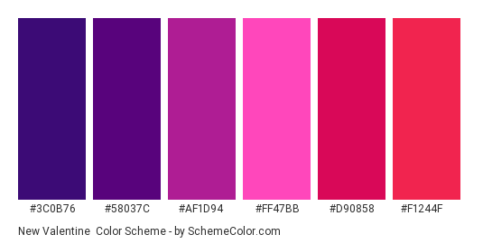 New Valentine - Color scheme palette thumbnail - #3C0B76 #58037C #AF1D94 #FF47BB #D90858 #F1244F 