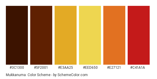 Mukkanuma - Color scheme palette thumbnail - #3C1300 #5F2001 #E3AA25 #EED650 #E27121 #C41A1A 