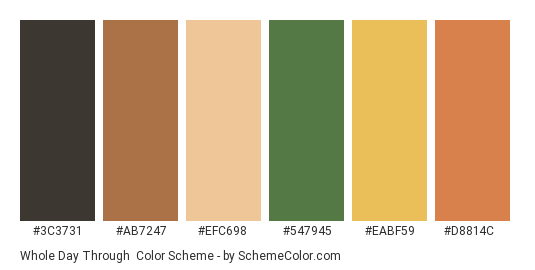 Whole Day Through - Color scheme palette thumbnail - #3C3731 #AB7247 #EFC698 #547945 #EABF59 #D8814C 