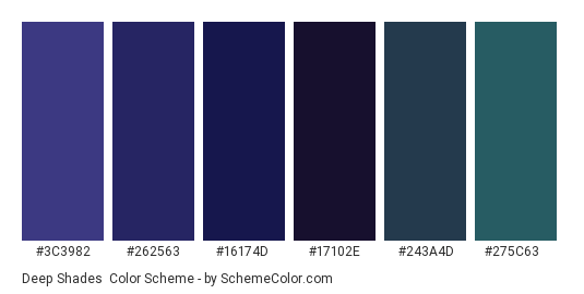 Deep Shades - Color scheme palette thumbnail - #3C3982 #262563 #16174D #17102E #243A4D #275C63 