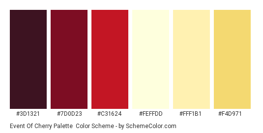 Event of Cherry Palette - Color scheme palette thumbnail - #3D1321 #7D0D23 #C31624 #FEFFDD #FFF1B1 #F4D971 